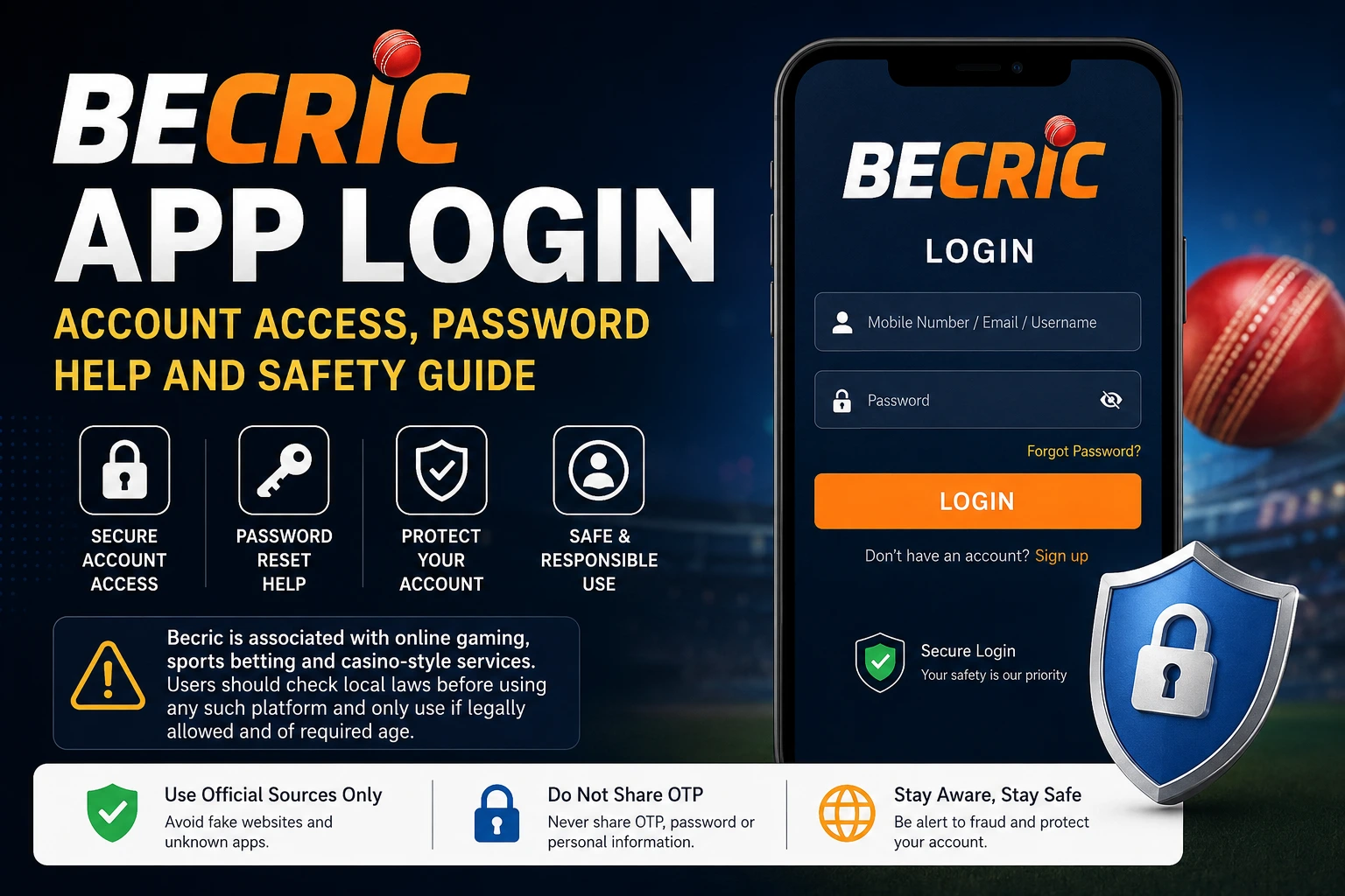 Becric app login guide showing account access, password reset help, login safety, and OTP protection tips