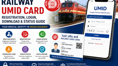 Railway UMID Card guide showing registration, login, download, status check, and account safety for railway employees and pensioners