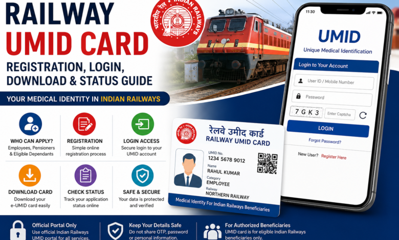 Railway UMID Card guide showing registration, login, download, status check, and account safety for railway employees and pensioners