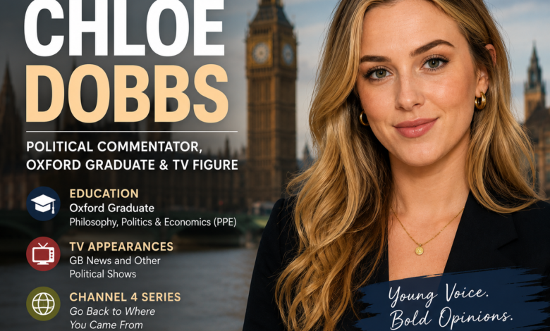Editorial-style illustration representing Chloe Dobbs with London and Big Ben in the background