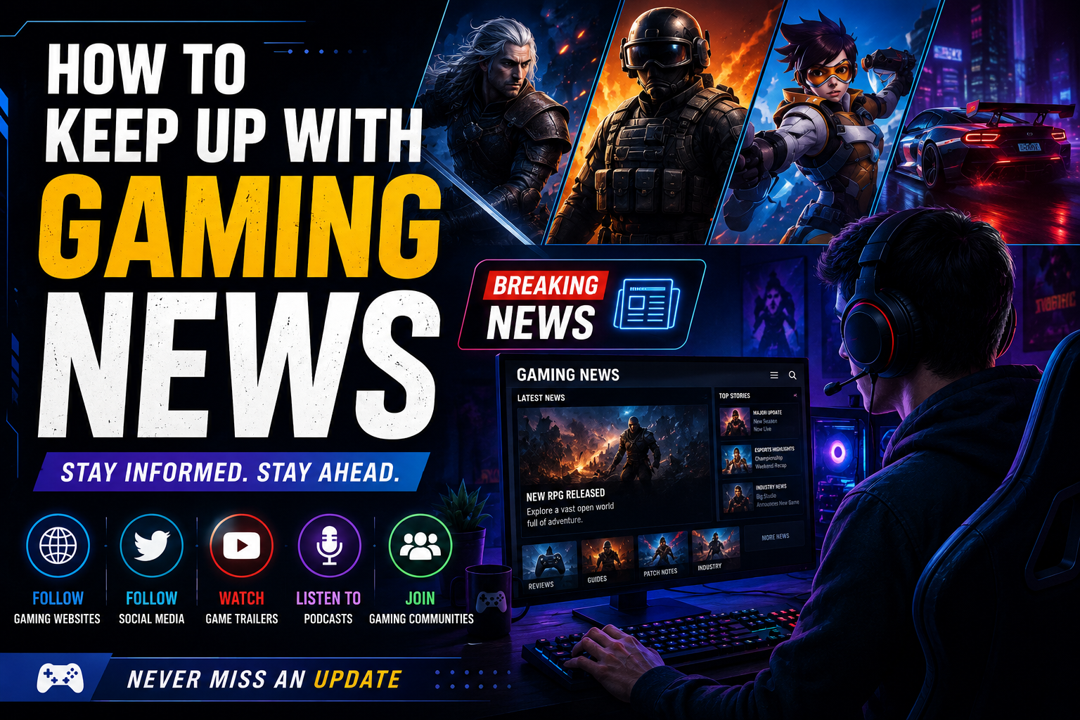 Gamer checking breaking gaming news, trailers, social media, podcasts and gaming communities