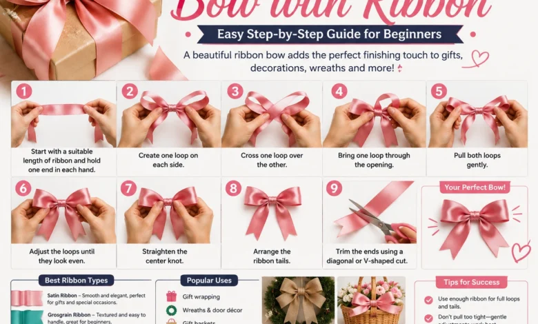 Step-by-step guide showing how to tie a bow with ribbon for gifts, wreaths, baskets, and decorations