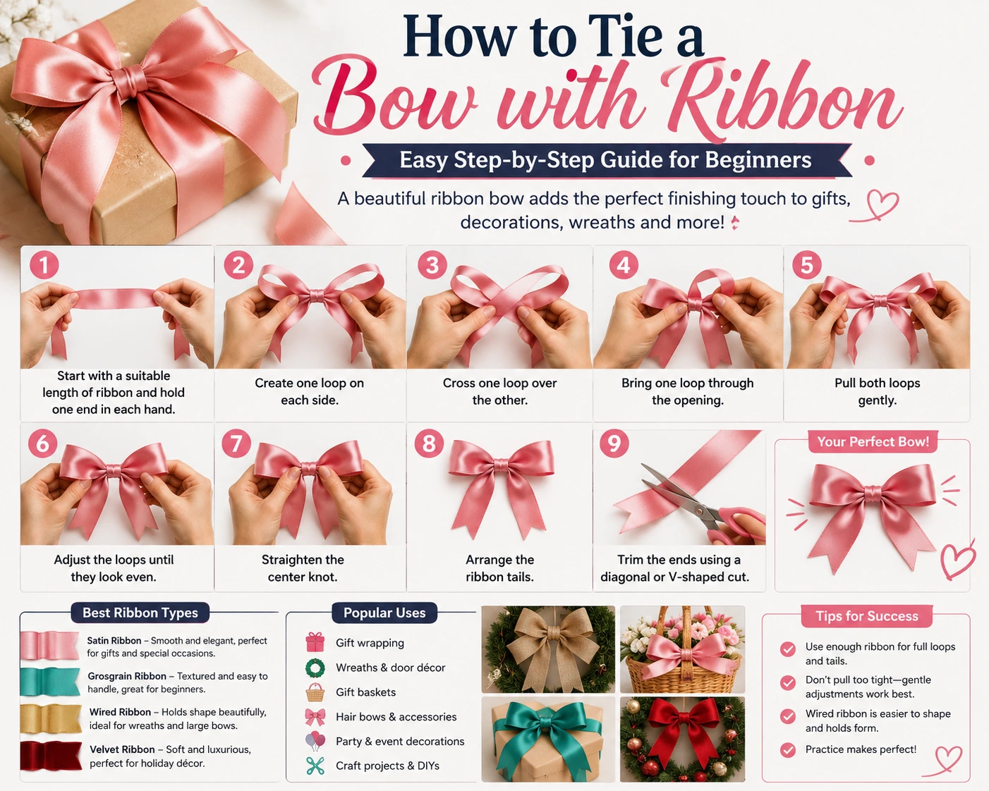 Step-by-step guide showing how to tie a bow with ribbon for gifts, wreaths, baskets, and decorations