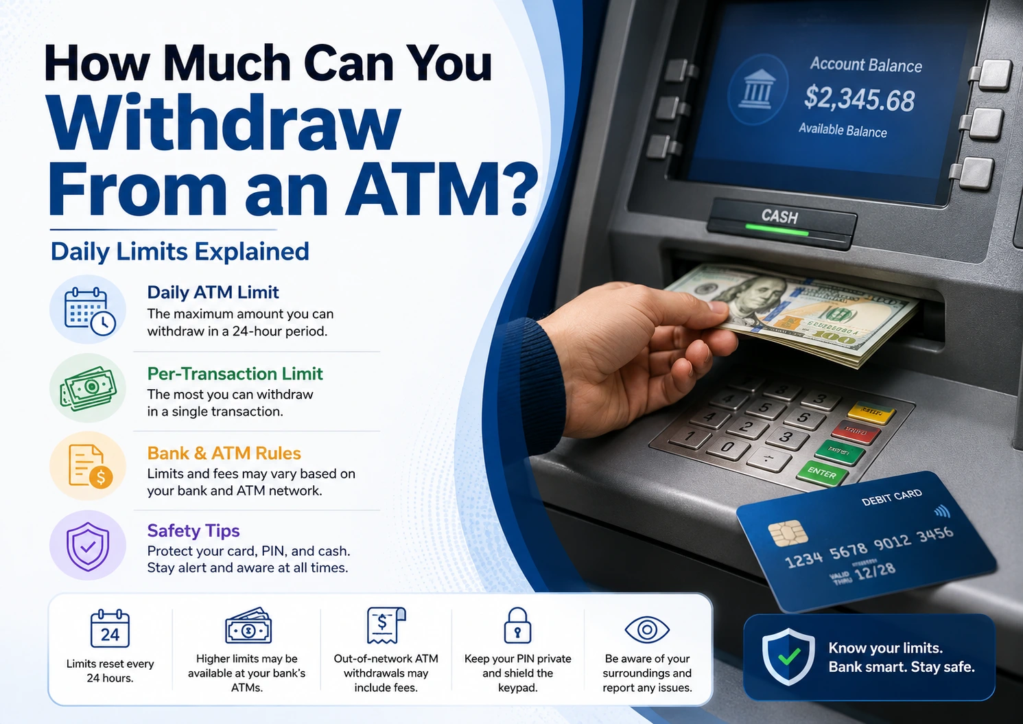 ATM withdrawal limit guide showing daily limits, per-transaction limits, bank rules, fees, and cash withdrawal safety tips