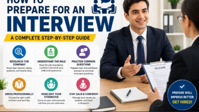How to prepare for an interview with company research, common questions, professional clothing and confidence tips
