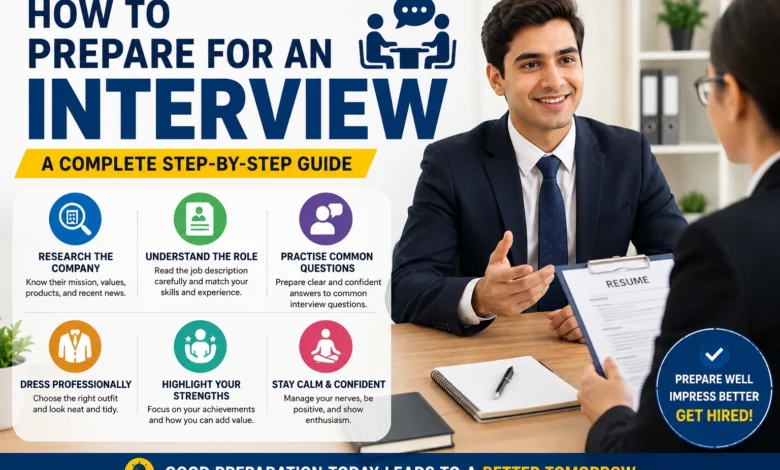 How to prepare for an interview with company research, common questions, professional clothing and confidence tips