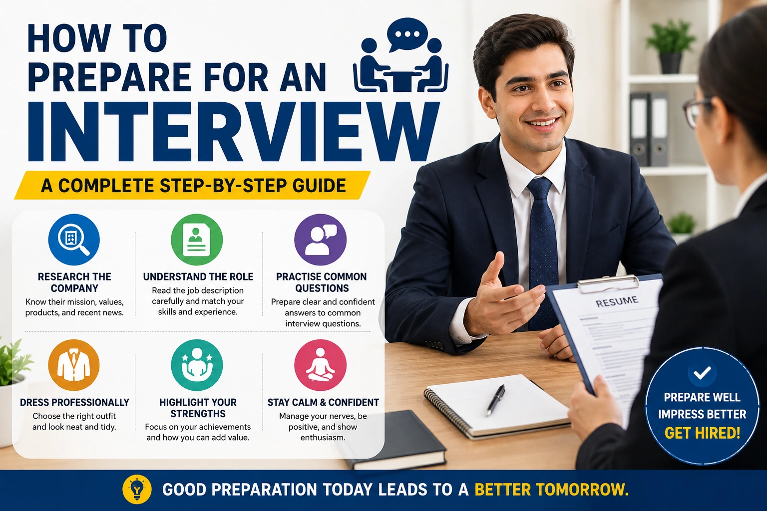 How to prepare for an interview with company research, common questions, professional clothing and confidence tips