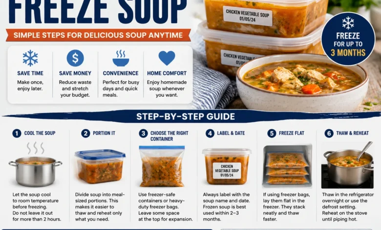 How to freeze soup using freezer-safe containers and bags with cooling, portioning, labeling, storage and reheating tips