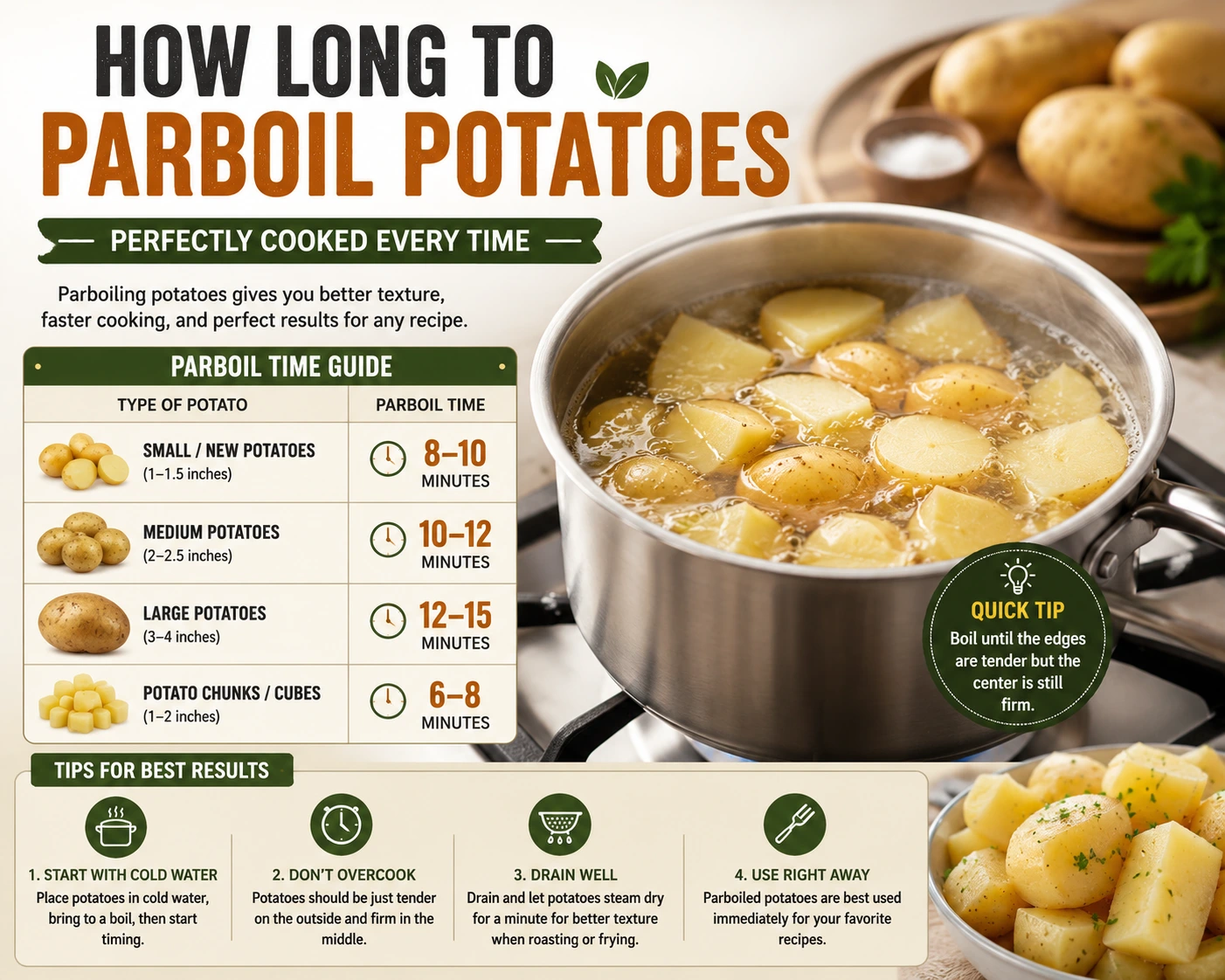 How long to parboil potatoes with cooking times for small, medium, large, and cubed potatoes