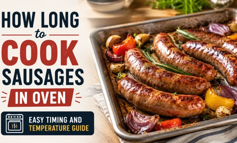 Oven-cooked sausages on a baking tray with vegetables and cooking time guide text
