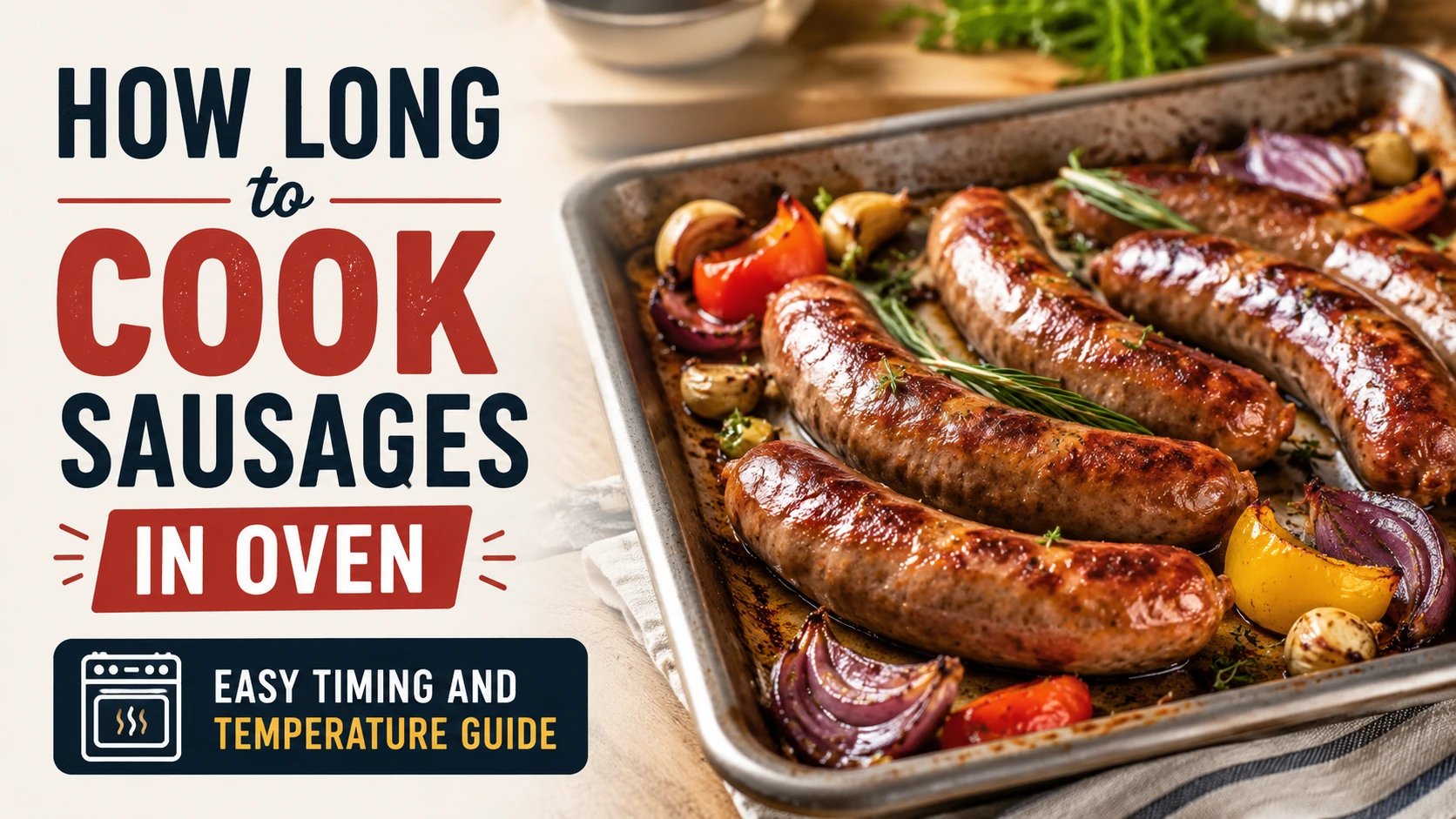 Oven-cooked sausages on a baking tray with vegetables and cooking time guide text
