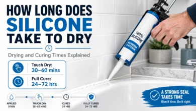 Silicone sealant being applied around a bathroom sink with drying and curing time information
