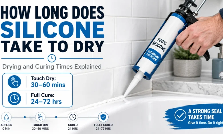 Silicone sealant being applied around a bathroom sink with drying and curing time information