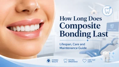Bright smile in dental clinic setting with composite bonding lifespan and care guide text