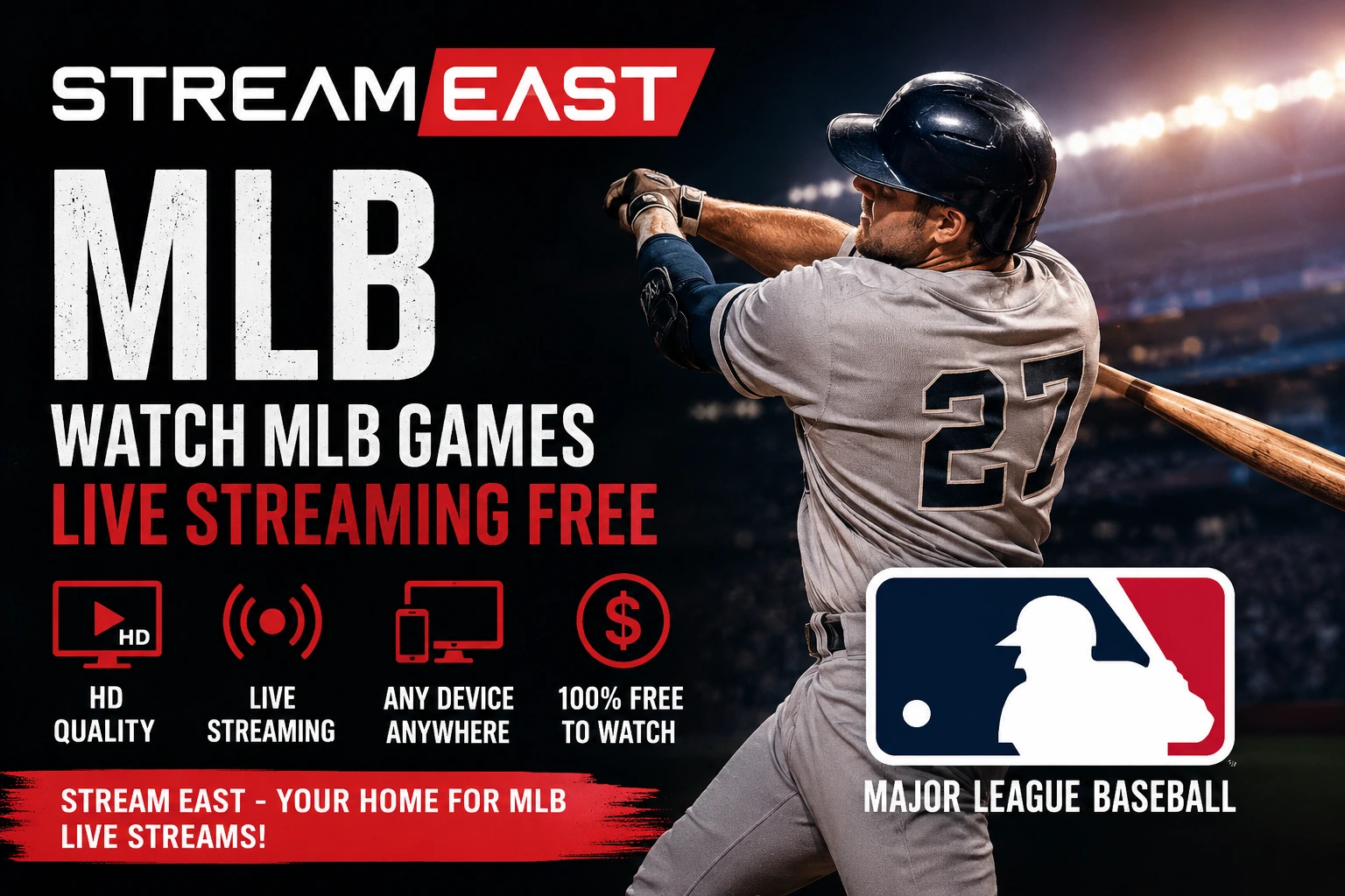 Baseball player batting in a stadium with StreamEast MLB live streaming text