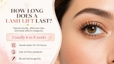 Close-up of lifted eyelashes with text explaining that a lash lift usually lasts six to eight weeks