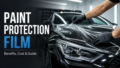 Technician applying paint protection film to a black car hood