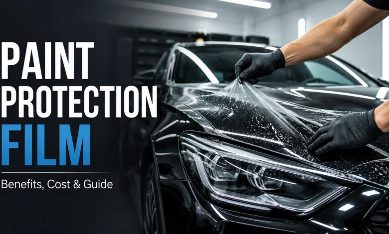 Technician applying paint protection film to a black car hood
