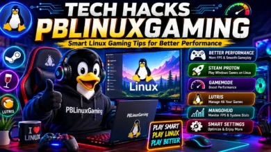 Tech Hacks PBLinuxGaming guide showing Linux gaming tips, Steam Proton, GameMode, Lutris, MangoHud, and performance optimization.