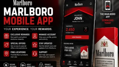 Marlboro Mobile App guide showing app features, account access, rewards, special offers, locations, and adult user support.
