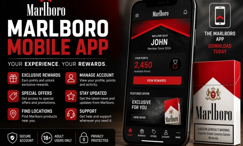Marlboro Mobile App guide showing app features, account access, rewards, special offers, locations, and adult user support.