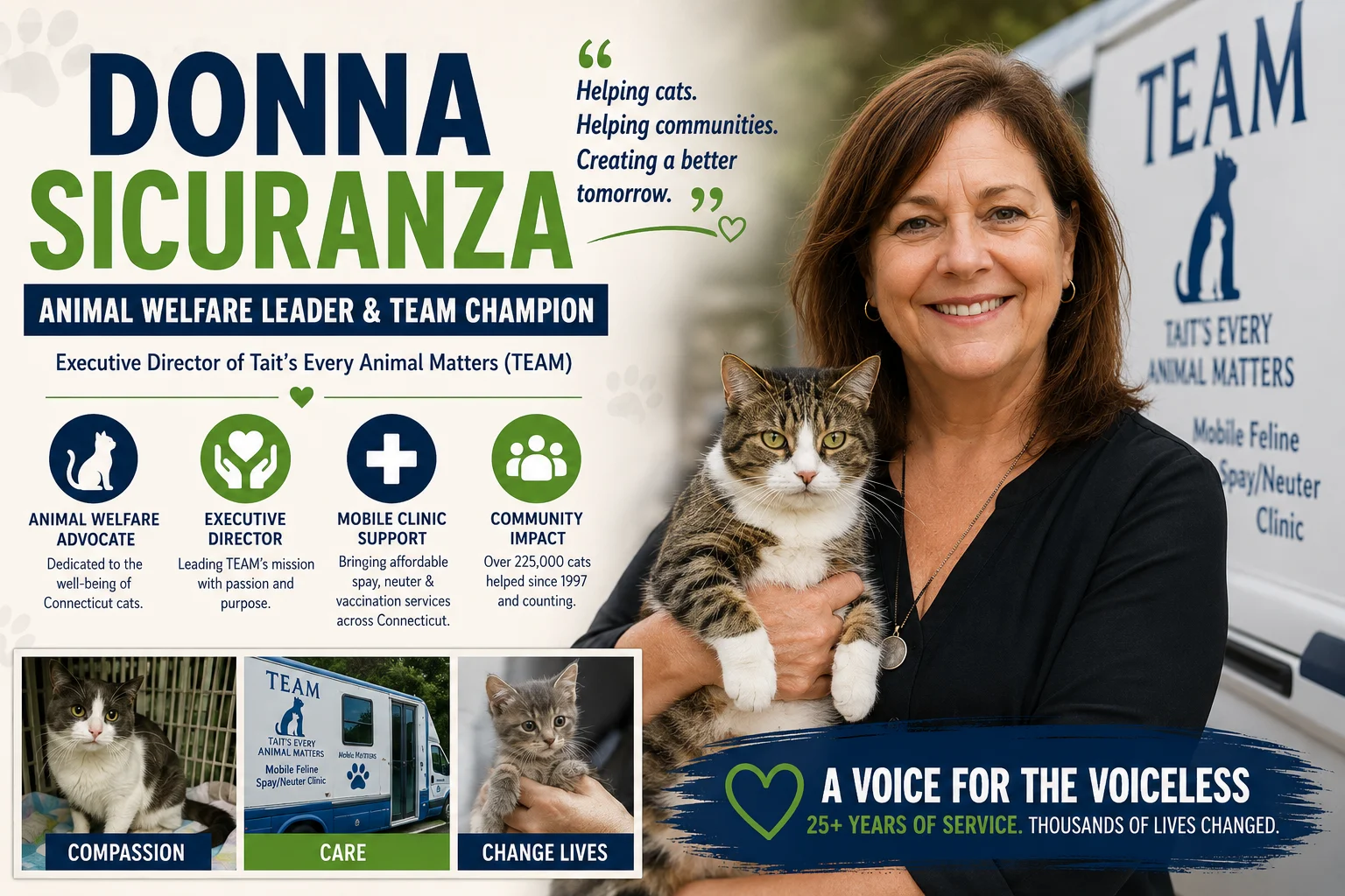 Donna Sicuranza animal welfare leader with TEAM mobile feline clinic, cat care support, and community impact.