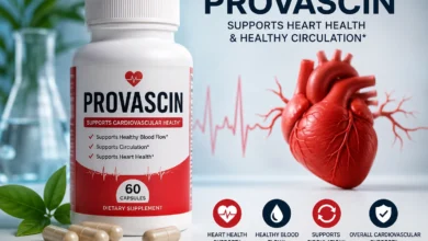 Provascin supplement bottle with heart health graphics, capsules, ECG line, and cardiovascular support icons.