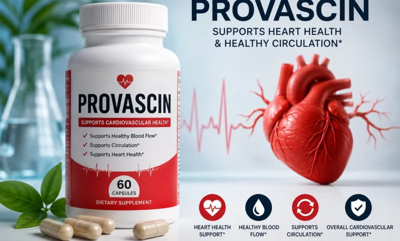 Provascin supplement bottle with heart health graphics, capsules, ECG line, and cardiovascular support icons.
