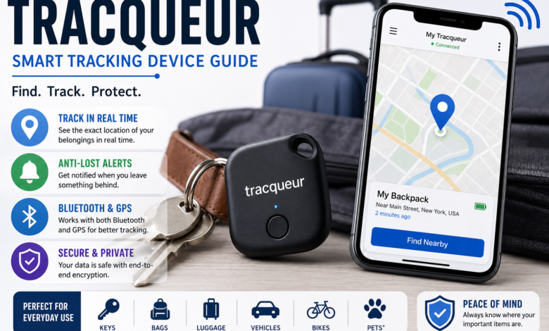Tracqueur smart tracking device guide showing GPS tracking, Bluetooth alerts, item locator, luggage, keys, bags, vehicles, and privacy features.