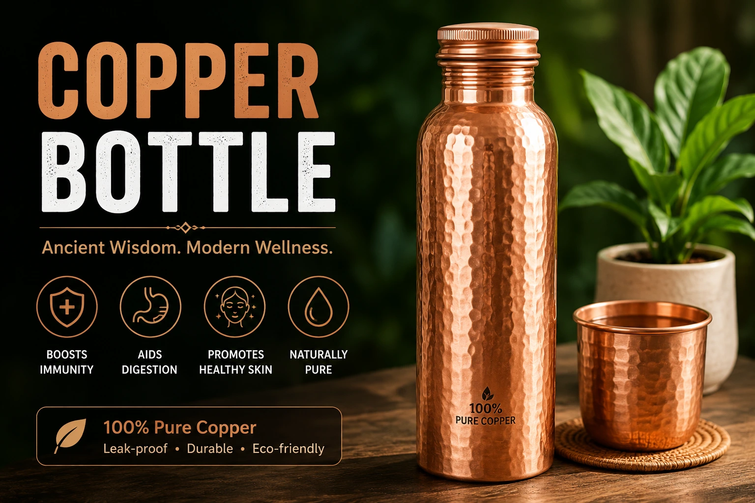 Copper bottle with water, lemon, mint, and natural wellness ingredients