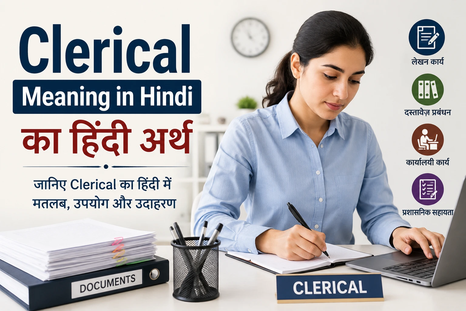Clerical meaning in Hindi with office work and document management illustration