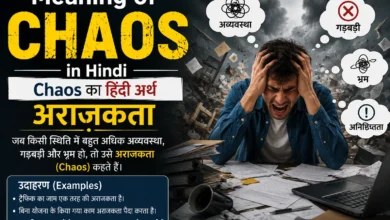 Chaos meaning in Hindi with an illustration showing confusion, disorder, and अराजकता