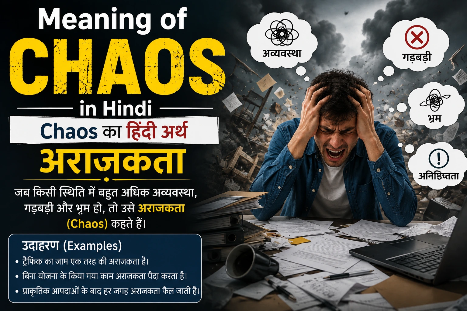 Chaos meaning in Hindi with an illustration showing confusion, disorder, and अराजकता