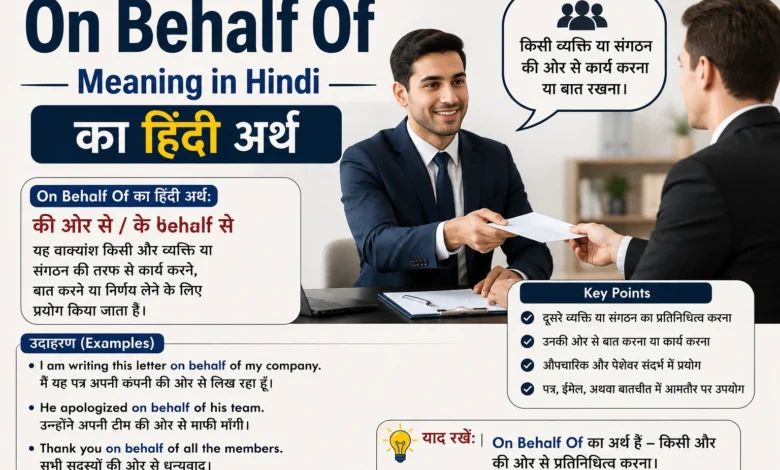 On Behalf Of meaning in Hindi with examples showing representation on behalf of a person or organization