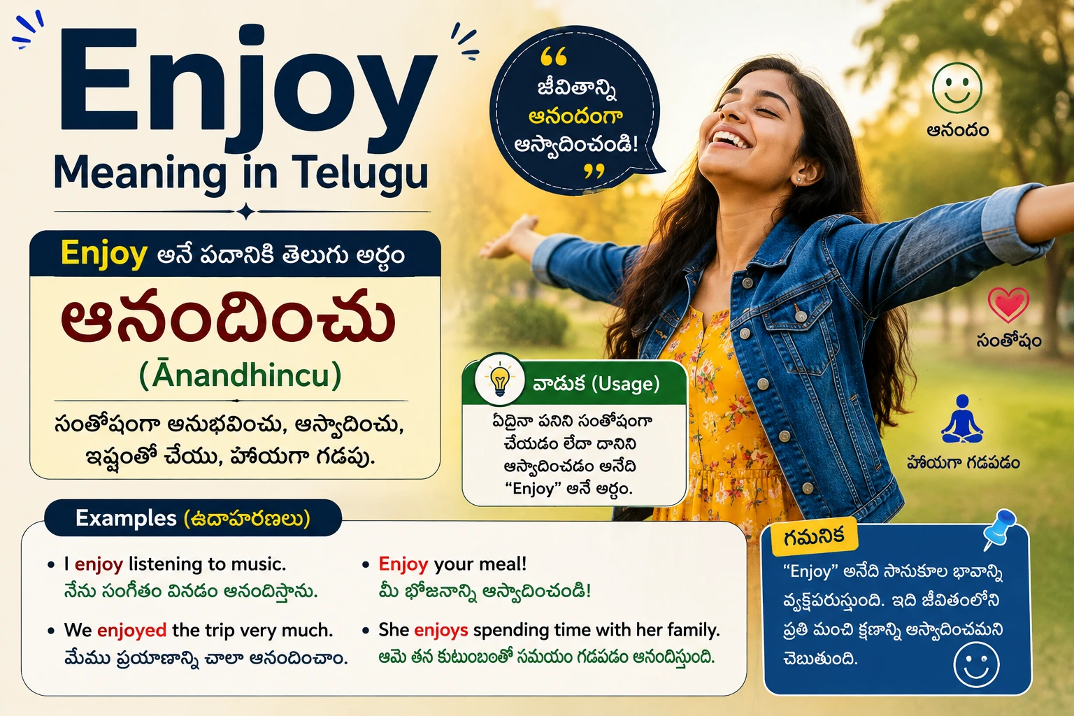 Enjoy meaning in Telugu with Telugu translation, usage, and example sentences
