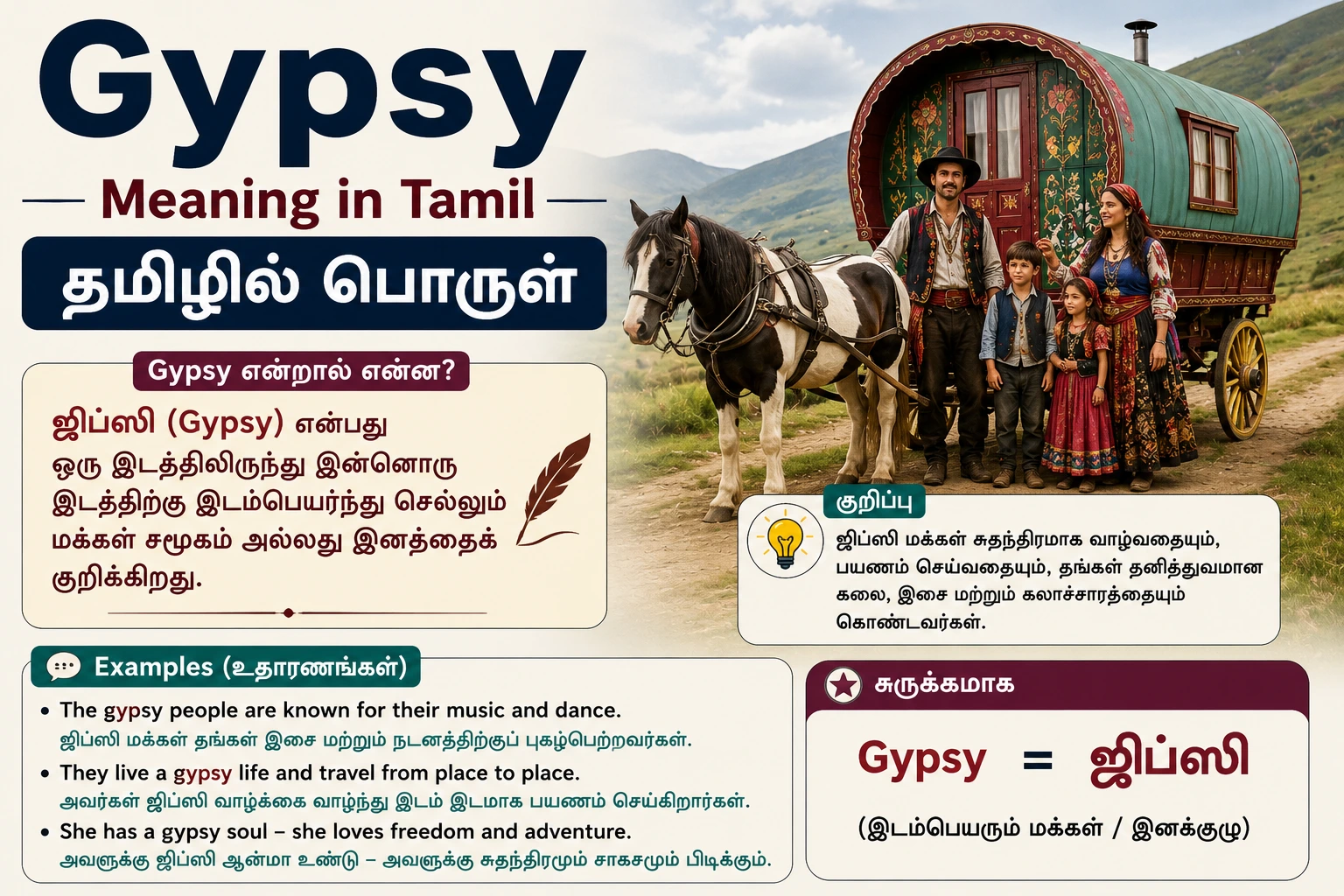 Gypsy meaning in Tamil with Tamil translation, definition, cultural context, and examples