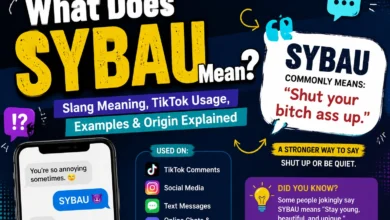 What Does SYBAU Mean infographic showing SYBAU slang definition, TikTok usage, social media examples, text messages, and internet culture explanation.