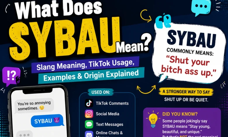 What Does SYBAU Mean infographic showing SYBAU slang definition, TikTok usage, social media examples, text messages, and internet culture explanation.
