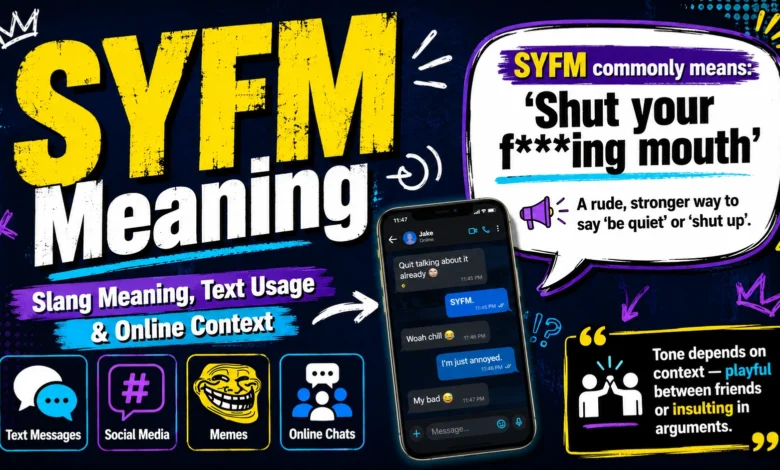 SYFM meaning featured image showing slang definition, text message usage, social media, memes, and online chat context.