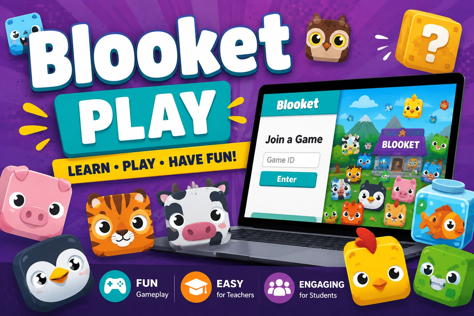 Blooket Play online learning game interface with colorful characters, quiz gameplay, and educational features for students and teachers.