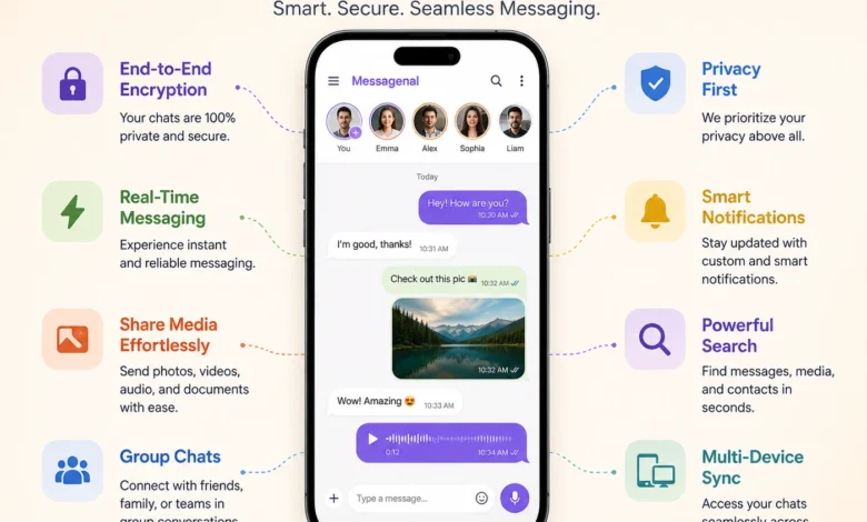 Messagenal messaging app features including encrypted chats, real-time messaging, media sharing, group chats, smart notifications, search, privacy, and multi-device sync.