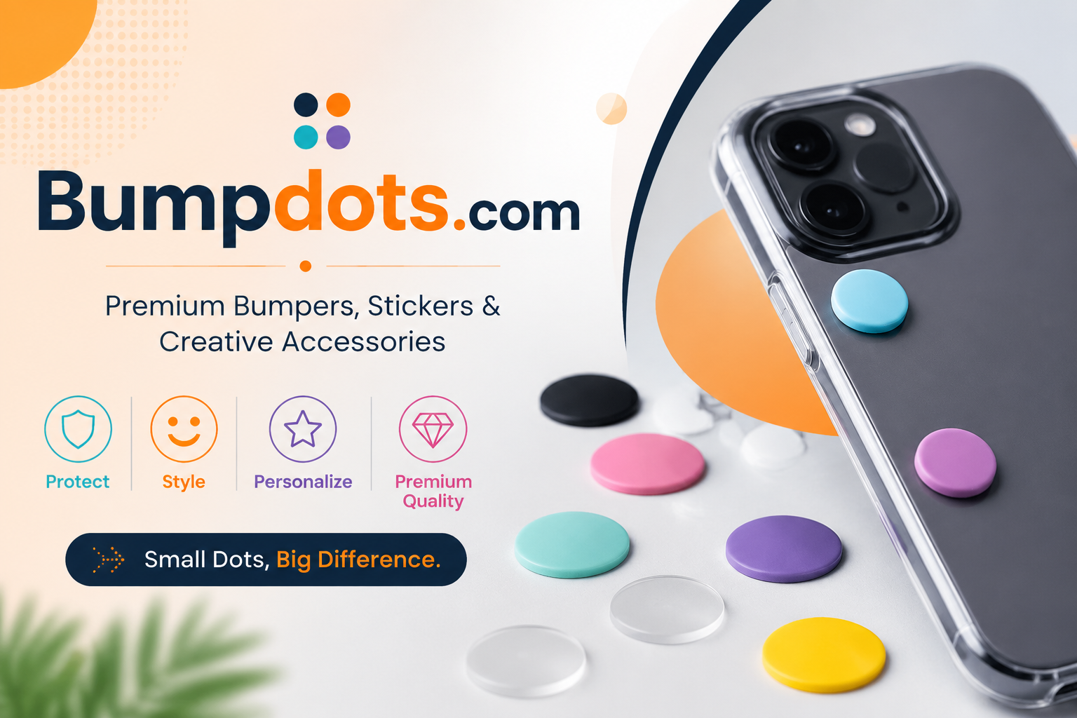 Bumpdots.com premium bumpers and colorful adhesive dots on a smartphone for stylish protection and personalization