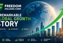 Illustration of Freedom Holding Corp highlighting global business expansion with a rising growth chart, modern city skyline, and digital world map.