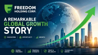 Illustration of Freedom Holding Corp highlighting global business expansion with a rising growth chart, modern city skyline, and digital world map.