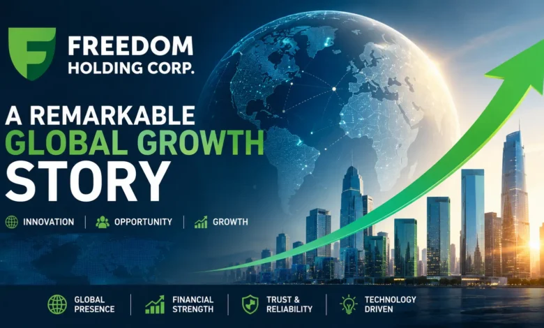 Illustration of Freedom Holding Corp highlighting global business expansion with a rising growth chart, modern city skyline, and digital world map.