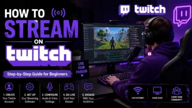 How to stream on Twitch with a gaming setup, microphone, monitor, and step-by-step streaming guide