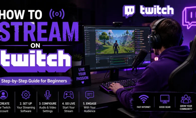 How to stream on Twitch with a gaming setup, microphone, monitor, and step-by-step streaming guide
