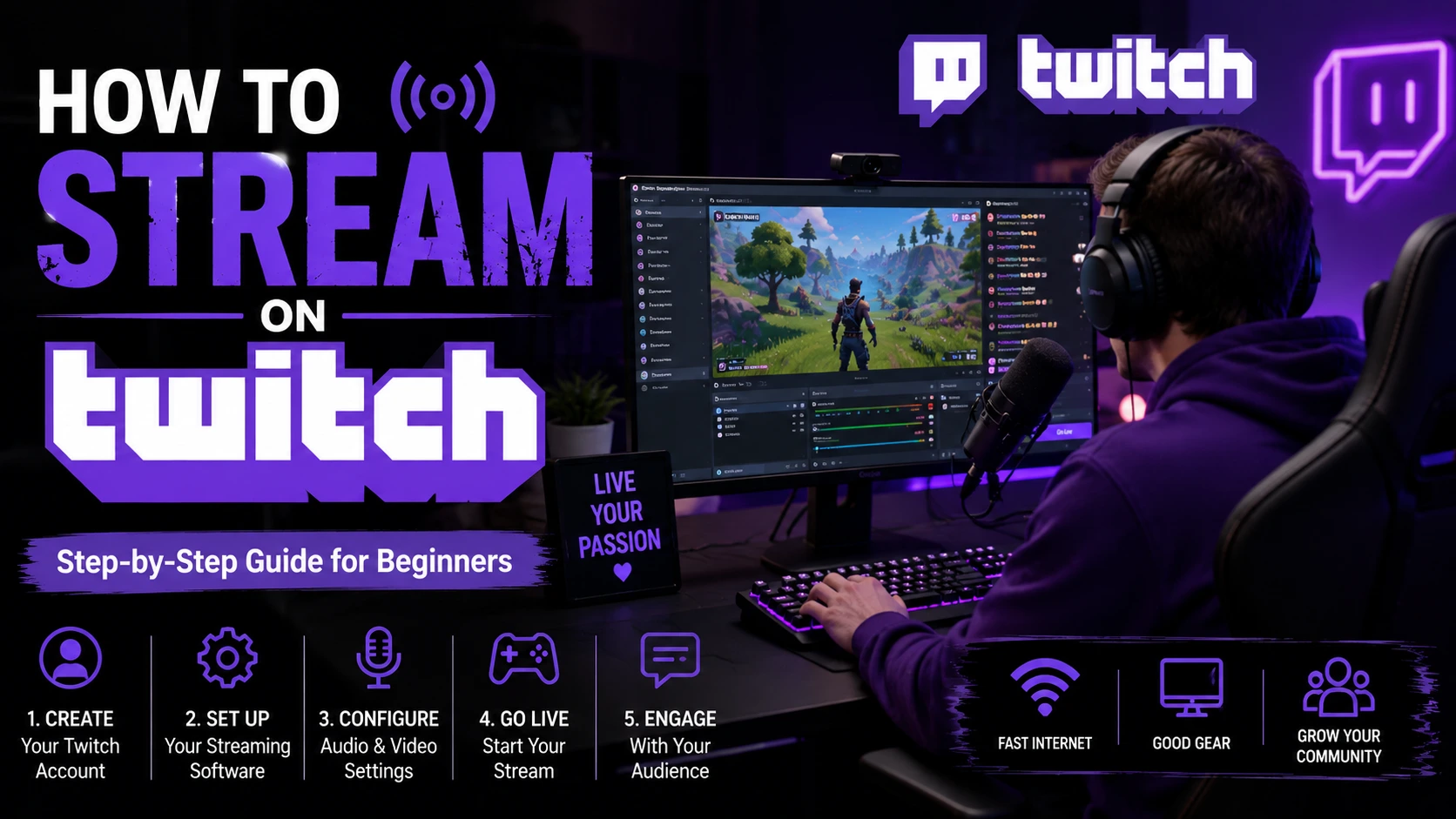 How to stream on Twitch with a gaming setup, microphone, monitor, and step-by-step streaming guide