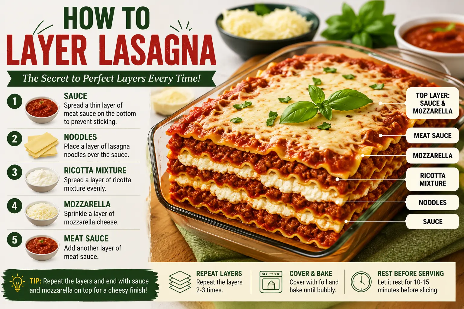 How to layer lasagna with noodles, meat sauce, ricotta, mozzarella, and tomato sauce shown in a step-by-step guide.