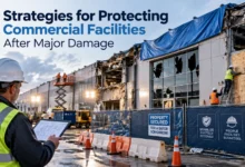 Workers protecting and securing a damaged commercial facility after major property damage.